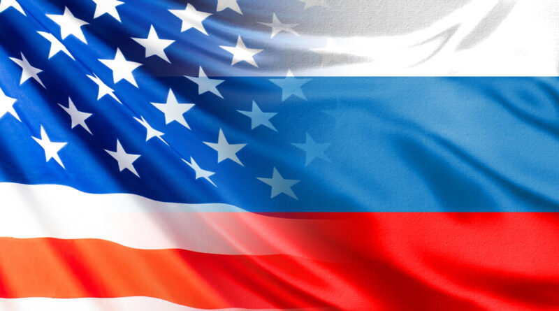 Relations between Russia and the United States. USA flag smoothly passes into the flag of Russia. Concept - diplomatic relations between Moscow and Washington. Concept - negotiations with America