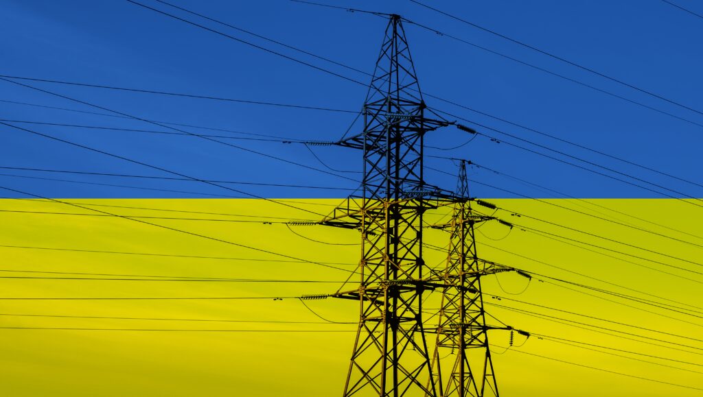 Ukrainian flag with electric tower and lines. Energy supply in Ukraine. High electricity and energy market prices. Crisis situation. Power cut, outage, failure, blackout theme.