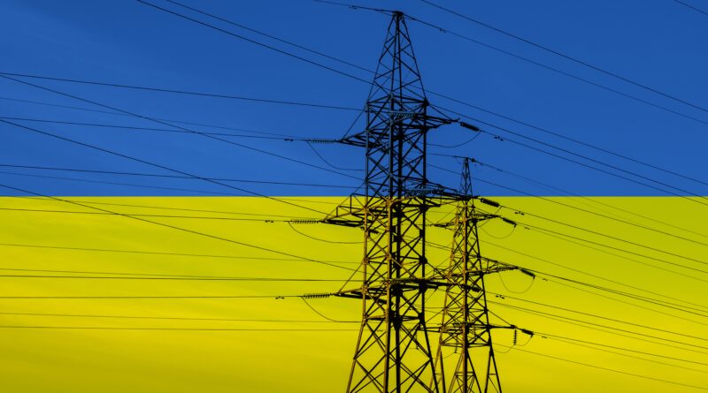 Ukrainian flag with electric tower and lines. Energy supply in Ukraine. High electricity and energy market prices. Crisis situation. Power cut, outage, failure, blackout theme.